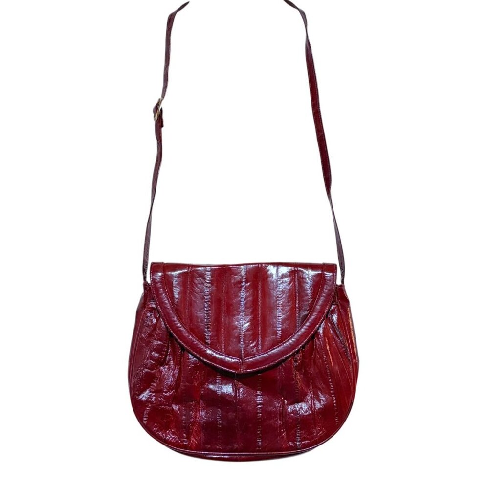 VTG Red Leather Cross Body Bag Eel Skin Adjustable Strap Oxblood Burgundy 80s